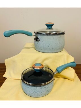 Paula Deen Aqua Blue Speckled Saucepan Set 1 Qt 2 Qt Cookware Pots Lids Nonstick